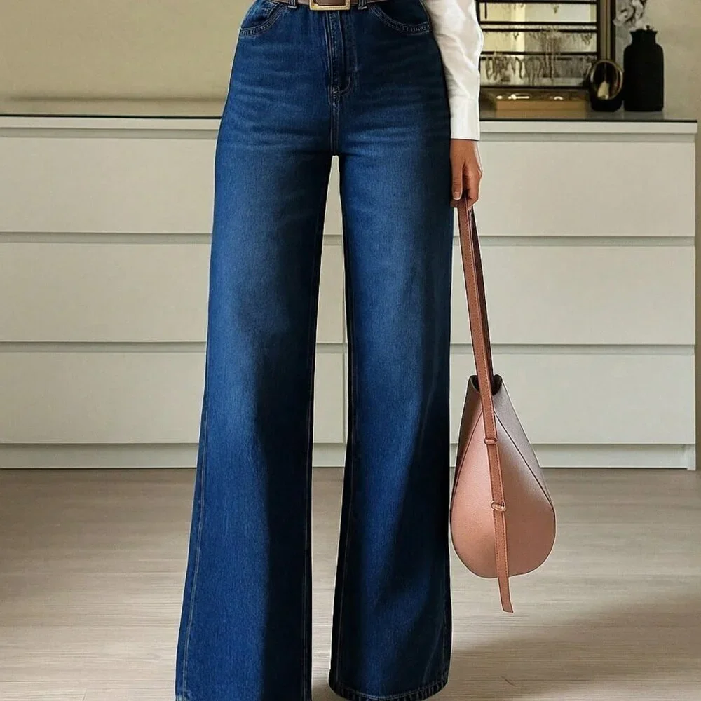 Navy Blue Elegant Women's Stretchy Straight Leg Denim Pants